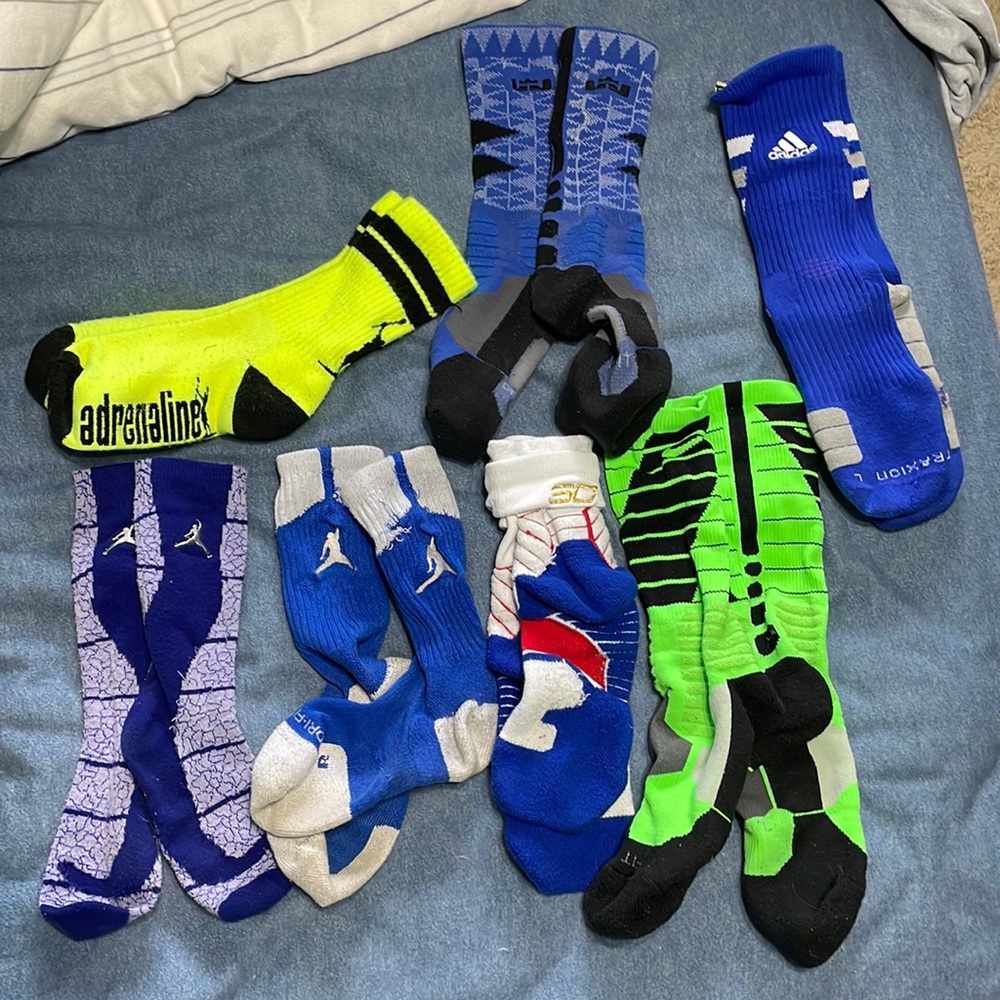 Lot of Basketball socks. Nike, Jordan, Adidas, lebron, and curry socks.